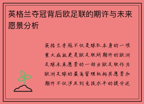 英格兰夺冠背后欧足联的期许与未来愿景分析 英格兰夺冠背后欧足联的期许与未来愿景分析