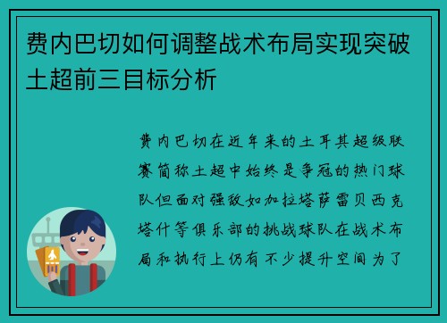 费内巴切如何调整战术布局实现突破土超前三目标分析